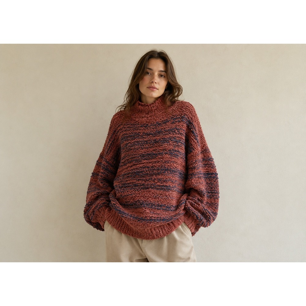 Knox Rose Rust Striped Chunky Mock Neck Sweater XXL Womens OS hygge Boho granola